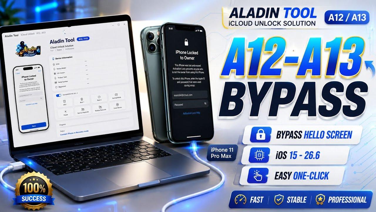 @ Aladin Tool iCloud Hello & Passcode Bypass A12/A13 Ramdisk IOS26 iPhone XS, XS Max, XR, SE2 11, 11 Pro, 11 Pro MaxiPad mini 5th generation, Air 3rd generation, iPad 8th generation, iPad 9th generation