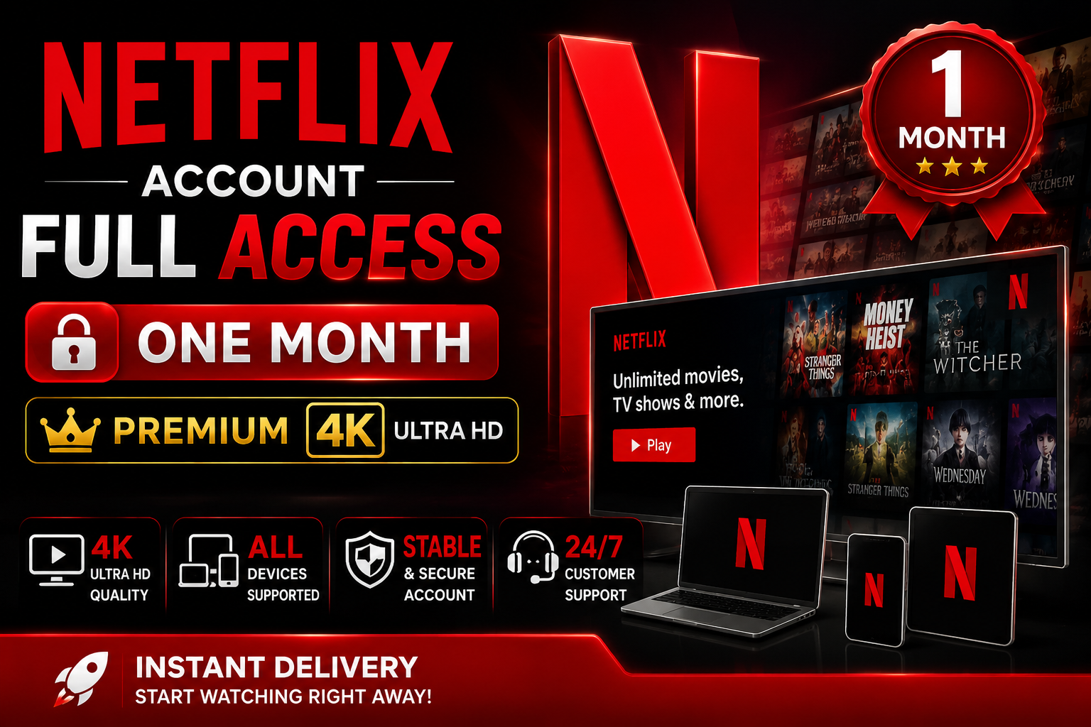 Netflix Account Full Access One Month PREMIUM 4k
